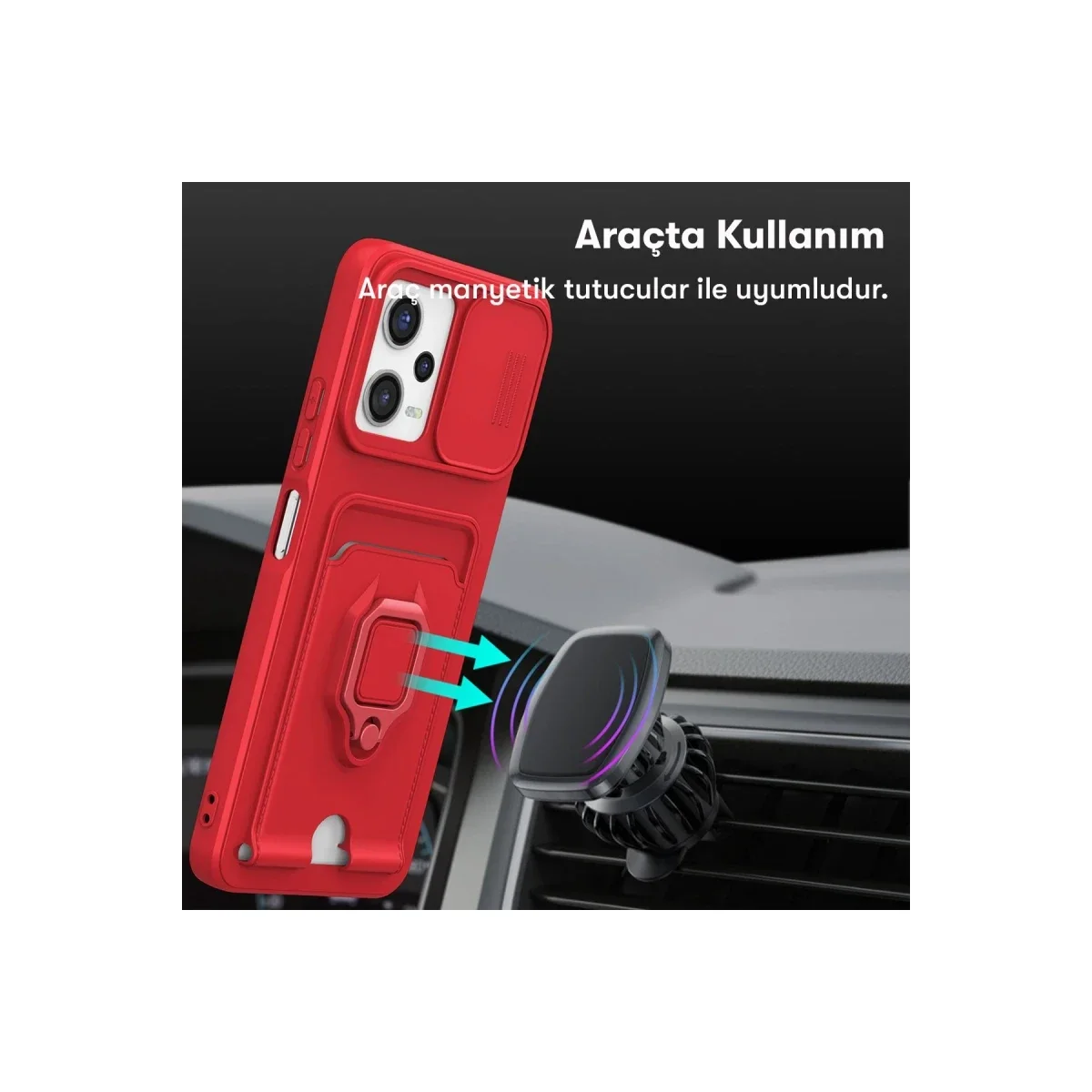 Xiaomi Redmi Note 12 Pro 5G Kılıf Zuma Kartvizitli Yüzüklü Silikon - Kırmızı görsel 3