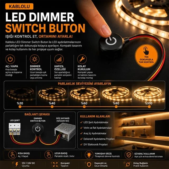 PM-30933 24V DC 16mm Gömme Dokunmatik LED Dimmer Kontrolcüsü Switch Buton Siyah görsel 3
