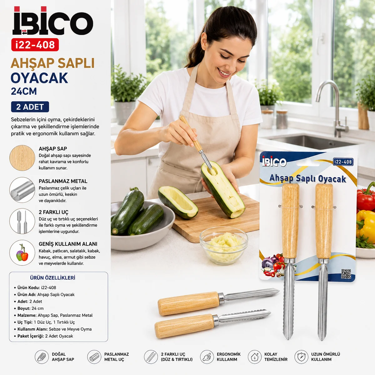 Ahşap Saplı Metal Oyacak 24cm görsel 2