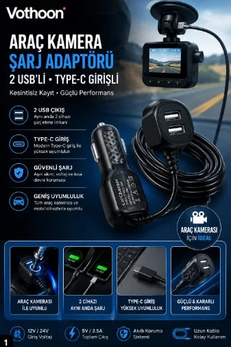Araç Kamera Şarj Adaptörü 2 Usb’li Type-c Girişli 3.5 Metre Kablo Uzunluğu(Ürün Kamera Değildir) görsel 2
