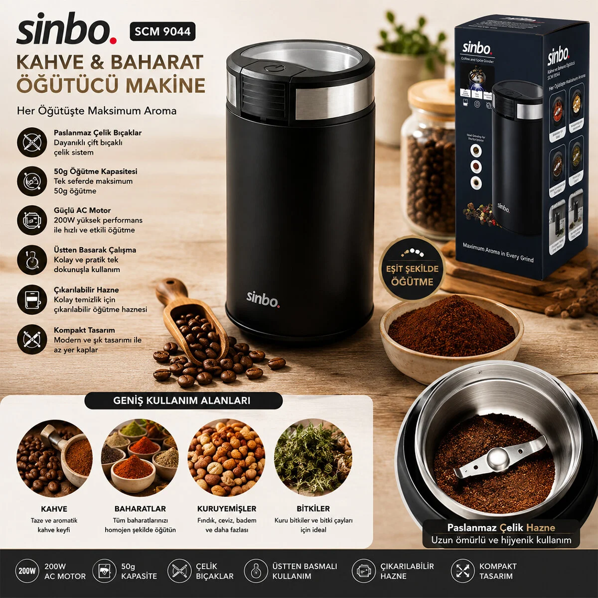 Kahve - Baharat Öğütücü Makine 2 Bıçaklı Çelik Öğütme Haznesi 50GR Öğütme Ac MOTOR=200W SCM-9044 görsel 2