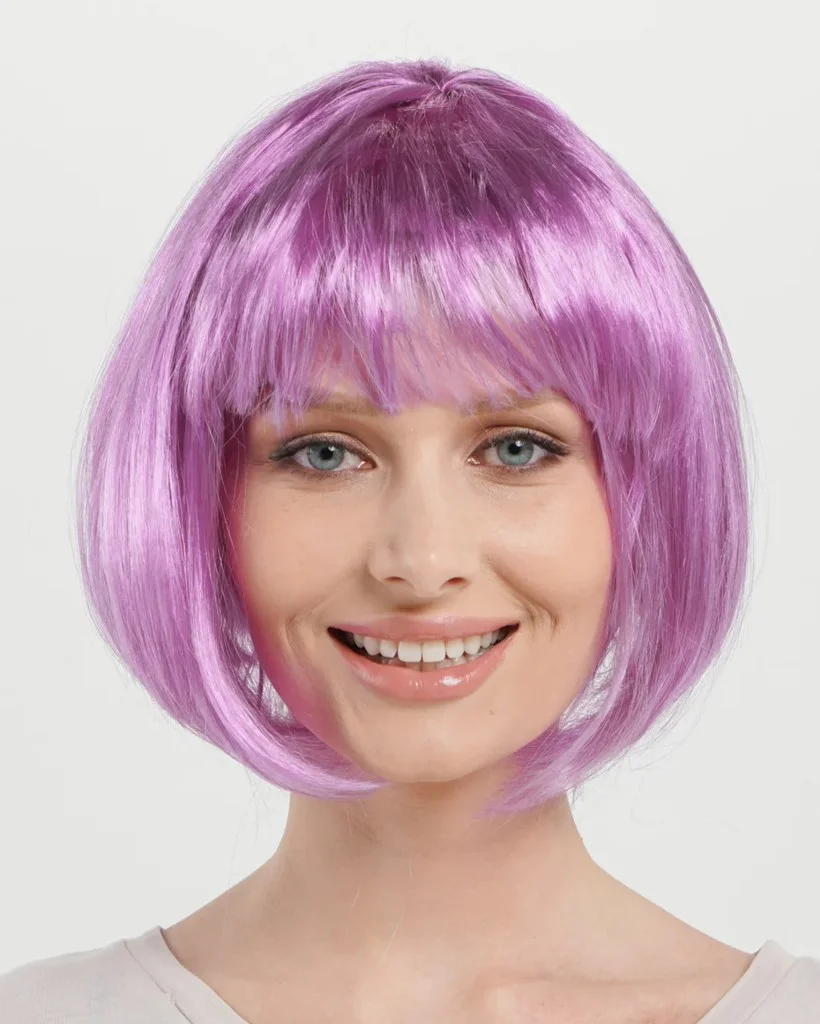 Rose Pembe Renk Düz Kesim Küt Parti Peruğu Kısa Takma Saç görsel 2