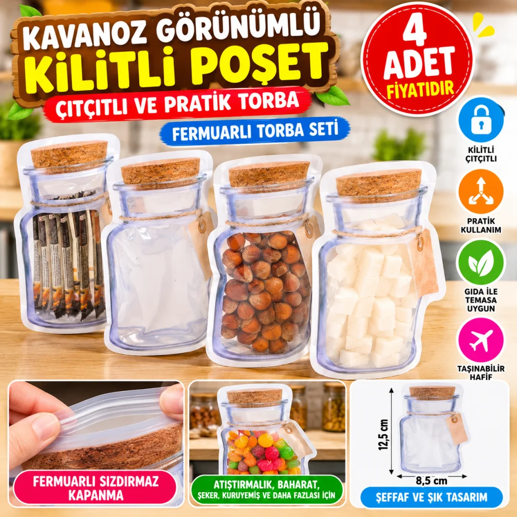 Kavanoz Görünümlü Kilitli Poşet Çıtçıtlı ve Pratik Torba 4 Adet