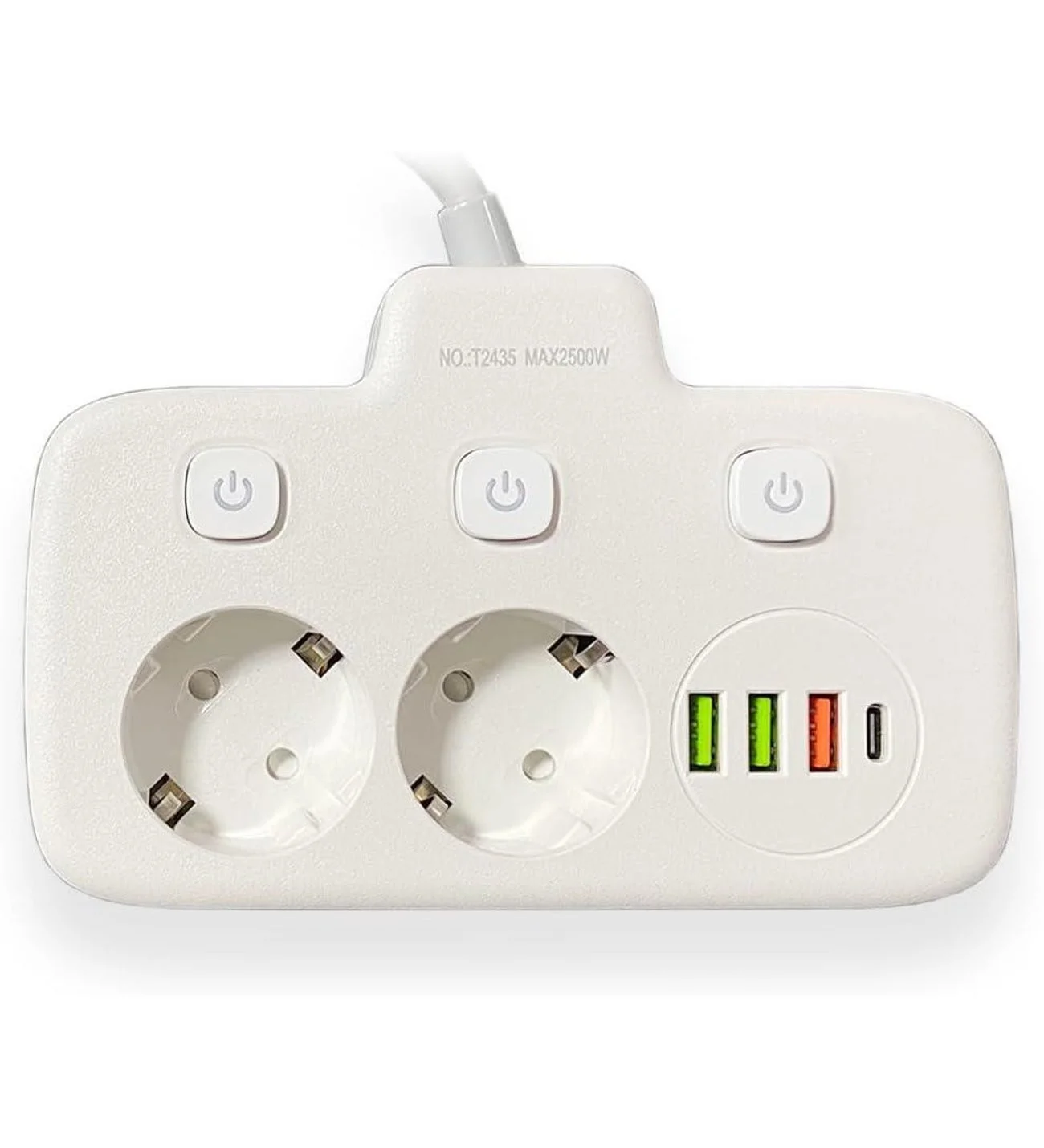 Akım Korumalı 2’li Ayrı Anahtarlı Priz, 2x Priz, 3x USB, 1x Type-C, 2 mt Kablo, Hızlı Şarj görsel 3