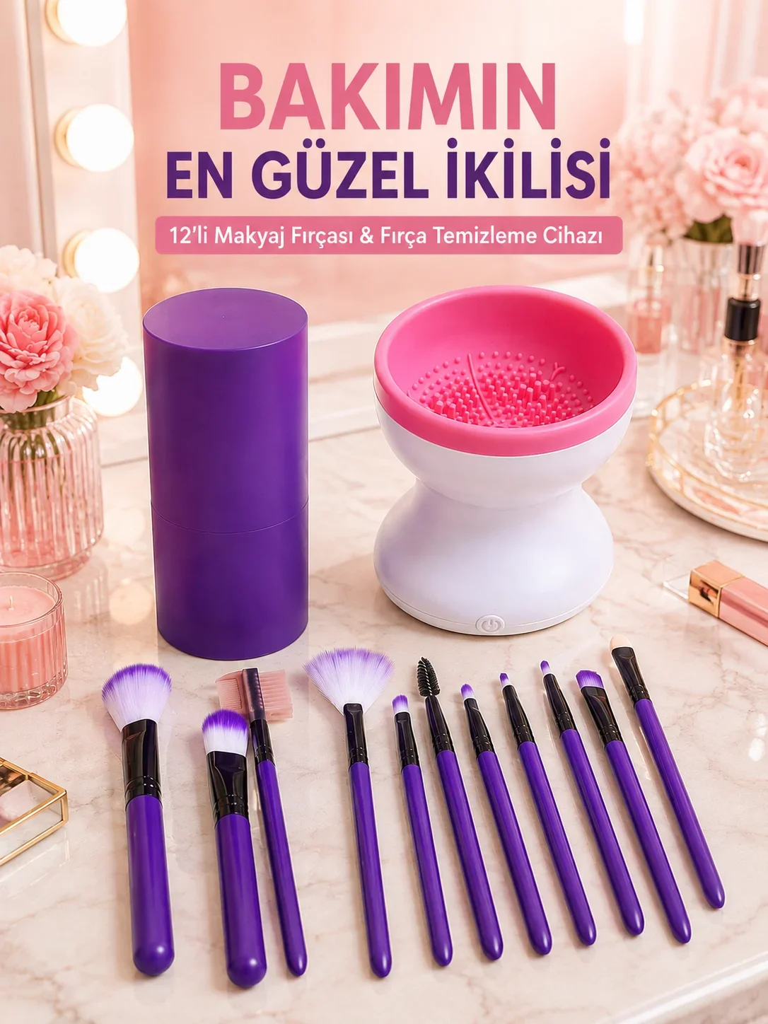 Avantajlı İkili Set 12’li Mor Makyaj Fırçası ve Elektrikli Makyaj Fırçası Yıkama Tezleme Cihazı
