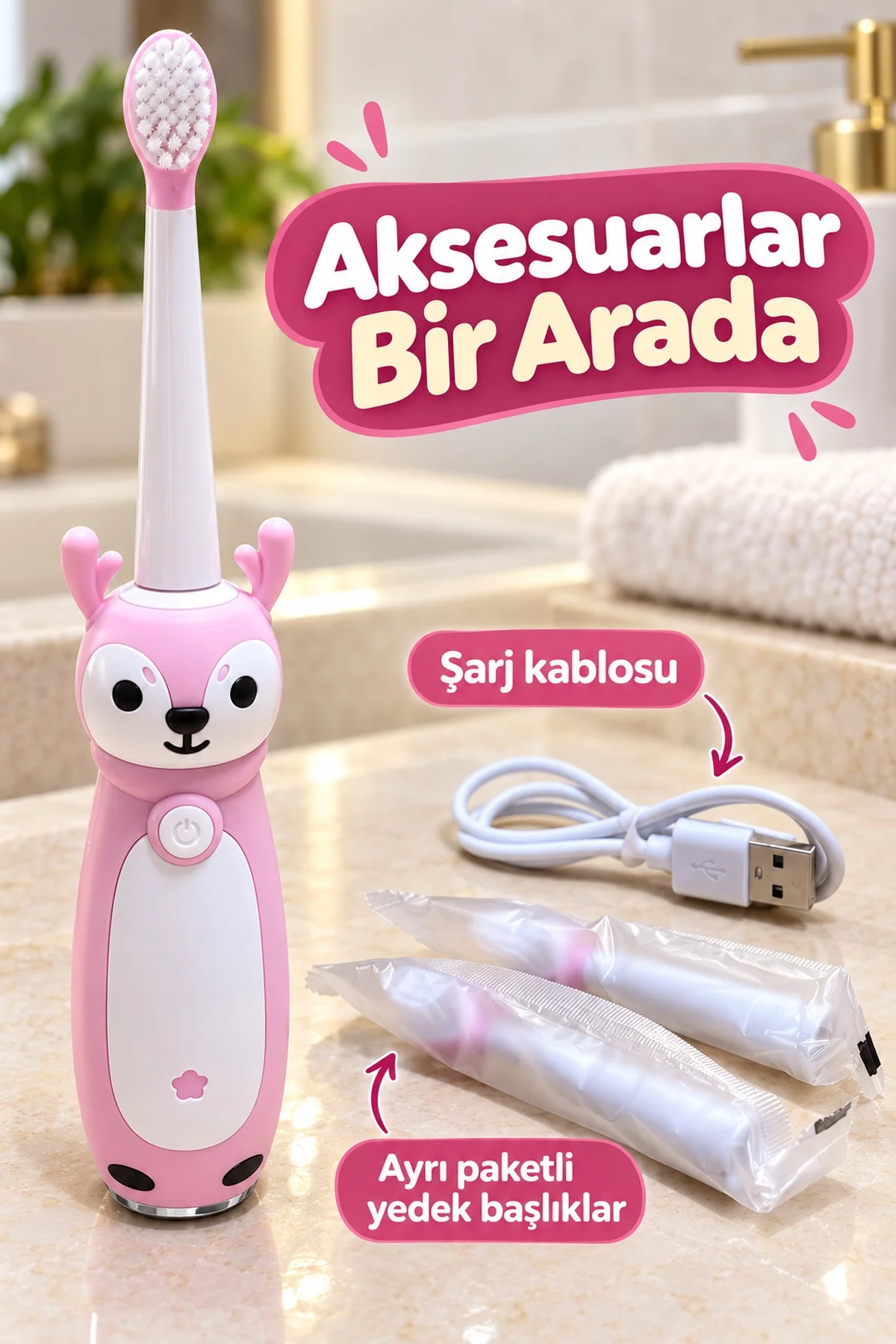 Çocuk Elektrikli Diş Fırçası Pembe Geyik Figürlü Şarjlı görsel 2