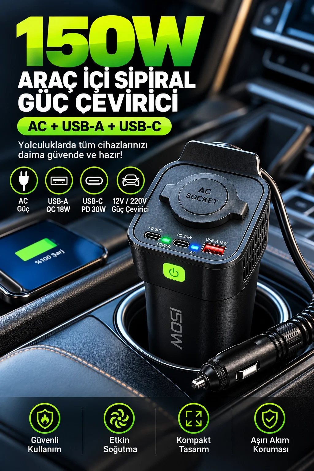 150W Araç İçi Şarj Adaptörü 12V 220V Çakmaklık Girişli 30W Type-C 18W USB Hızlı Şarj görsel 4