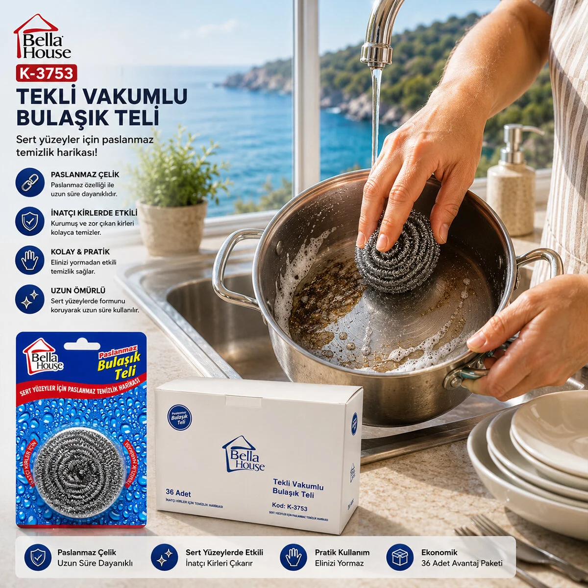 36 Adet Vakumlu Bulaşık Teli Tekli Paslanmaz 15GR görsel 2