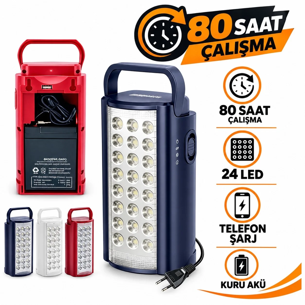 24 LED’li 80 Saat Aydınlatma Süreli Powerbank Özellikli Şarjlı Akülü Işıldak