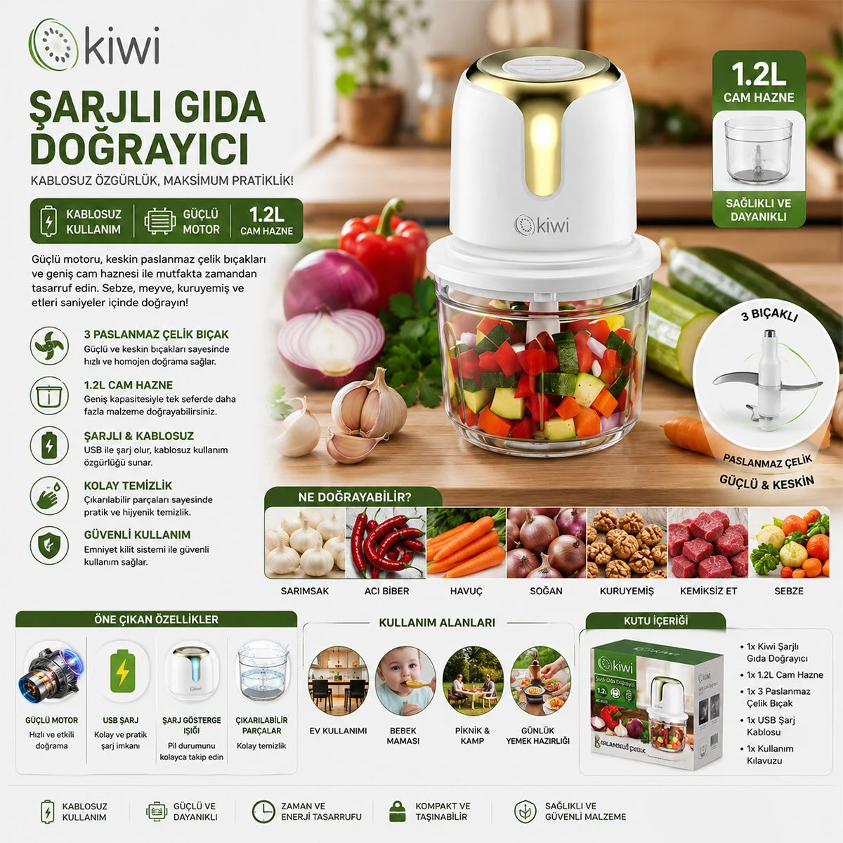 Usb To Type-c Şarjlı ni 3 Bıçaklı Gold Blender Rondo Gıda Doğrayıcı 1.2LT=MİKA Kristal Hazne KC-8221 görsel 2