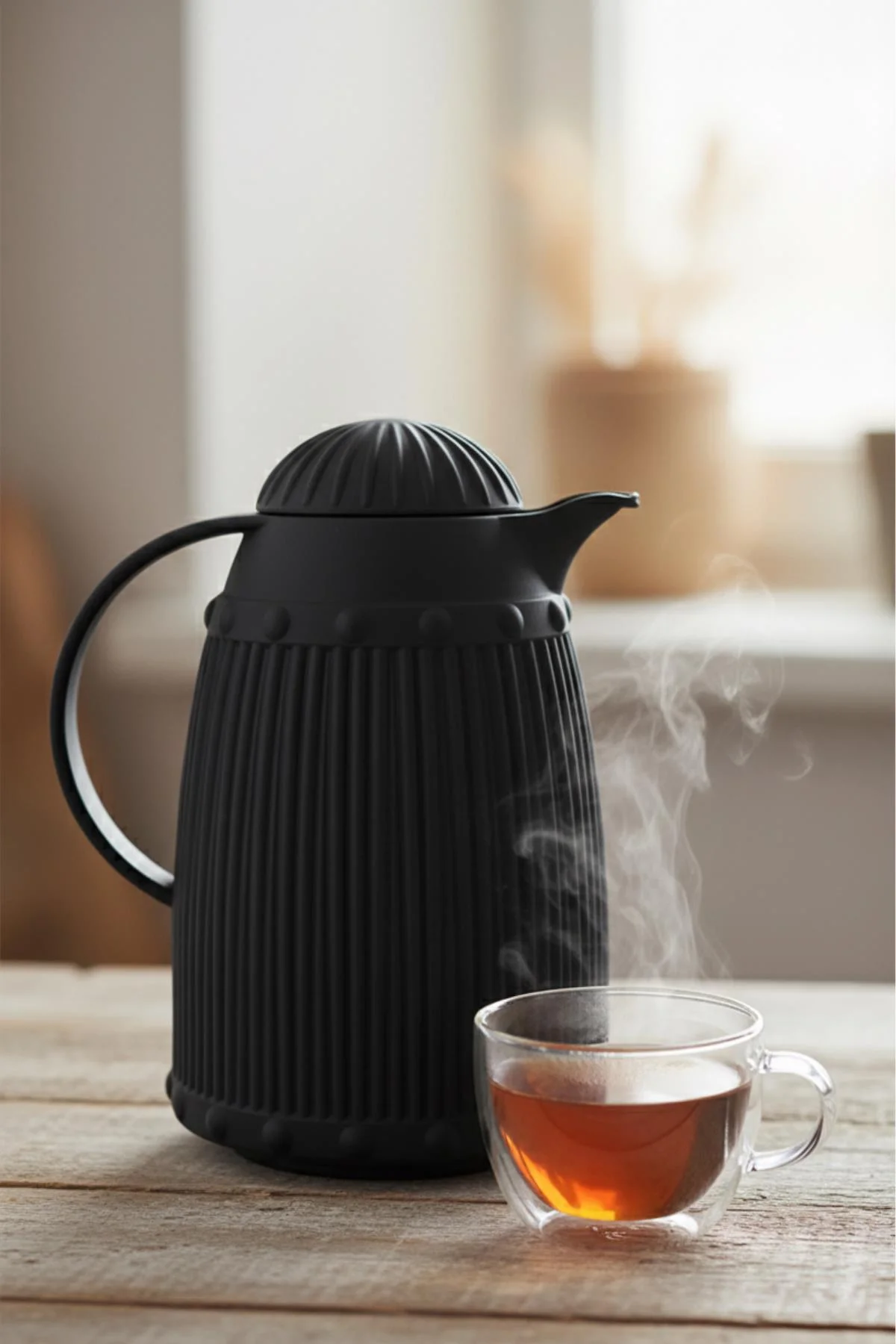 1 LT Isı Yalıtımlı Çay ve Soğuk Su Termosu Siyah (12 Saat Sıcak Tutar & İçi Camdır) görsel 3