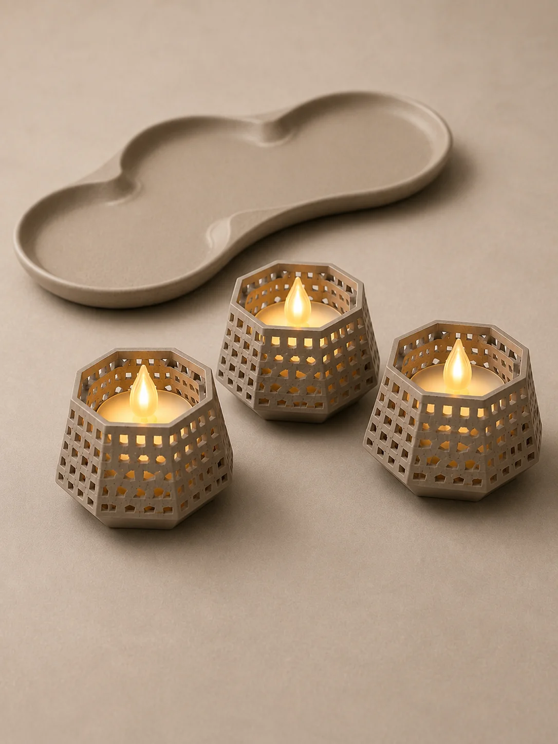 3D Baskı Dekoratif Mumluk Seti - Desenli Tealight ve Masaüstü Aydınlatma Objesi-Bej görsel 2