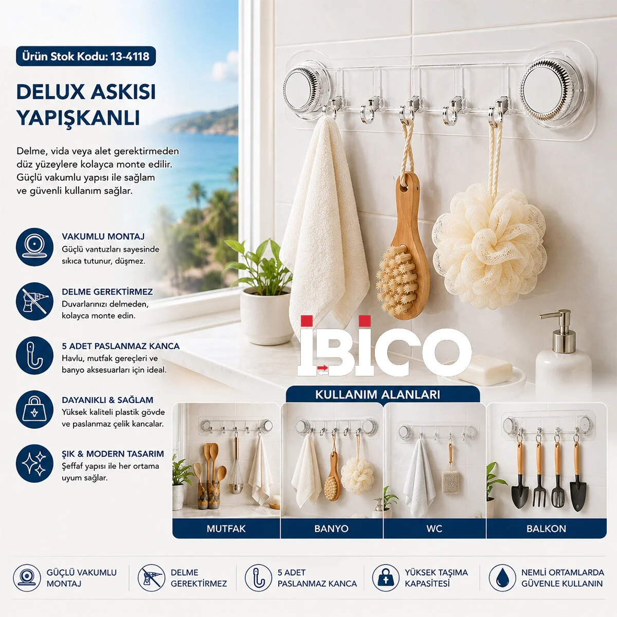 10 Adet Plastik Poşetli 5 Kollu - Vakumlu Delux Askısı Yapışkanlı 38.5CM - 5CM görsel 3