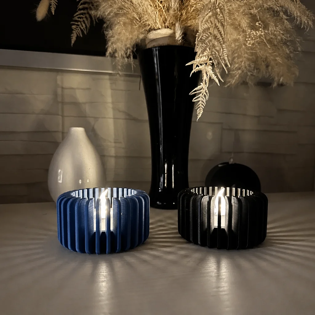 3D Baskı Modern Çizgili Mumluk - Tealight Mumluk (1 Adet)-Mavi görsel 2