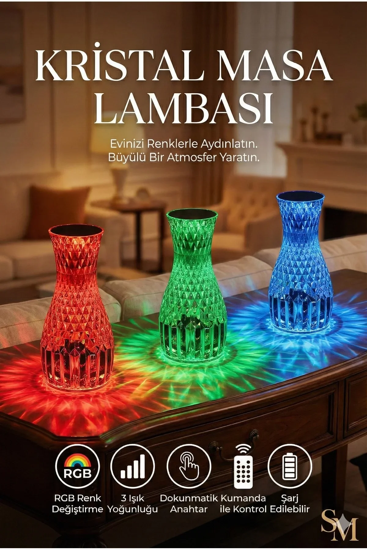 Kristal Masa Lambası Rgb Renk Değiştiren Gece Lambası 16 Renk Ve 4 Mod Dokunmatik Kontrol