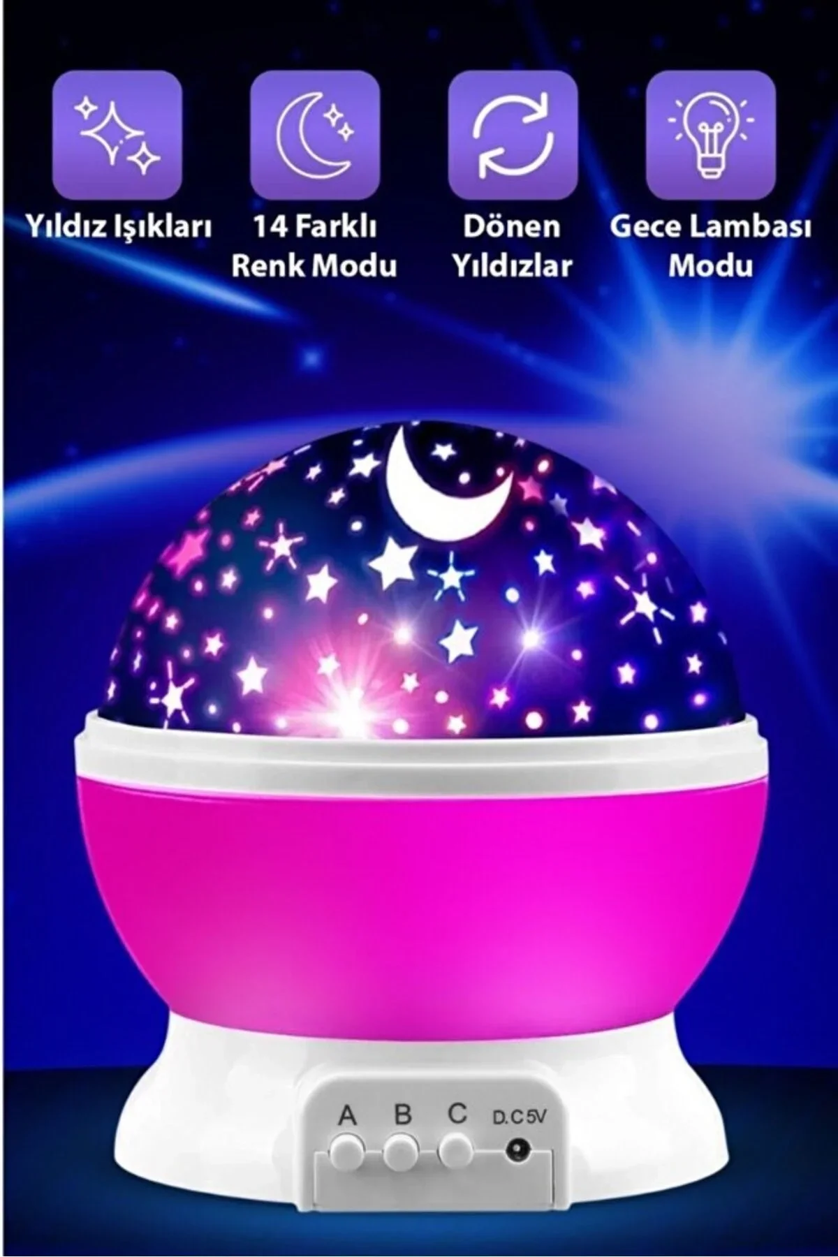 Ay ve Yıldızlı Gökyüzü Yansıtmalı Dönen Projeksiyon Gece Lambası- Çocuk Bebek Odası Pembe görsel 4