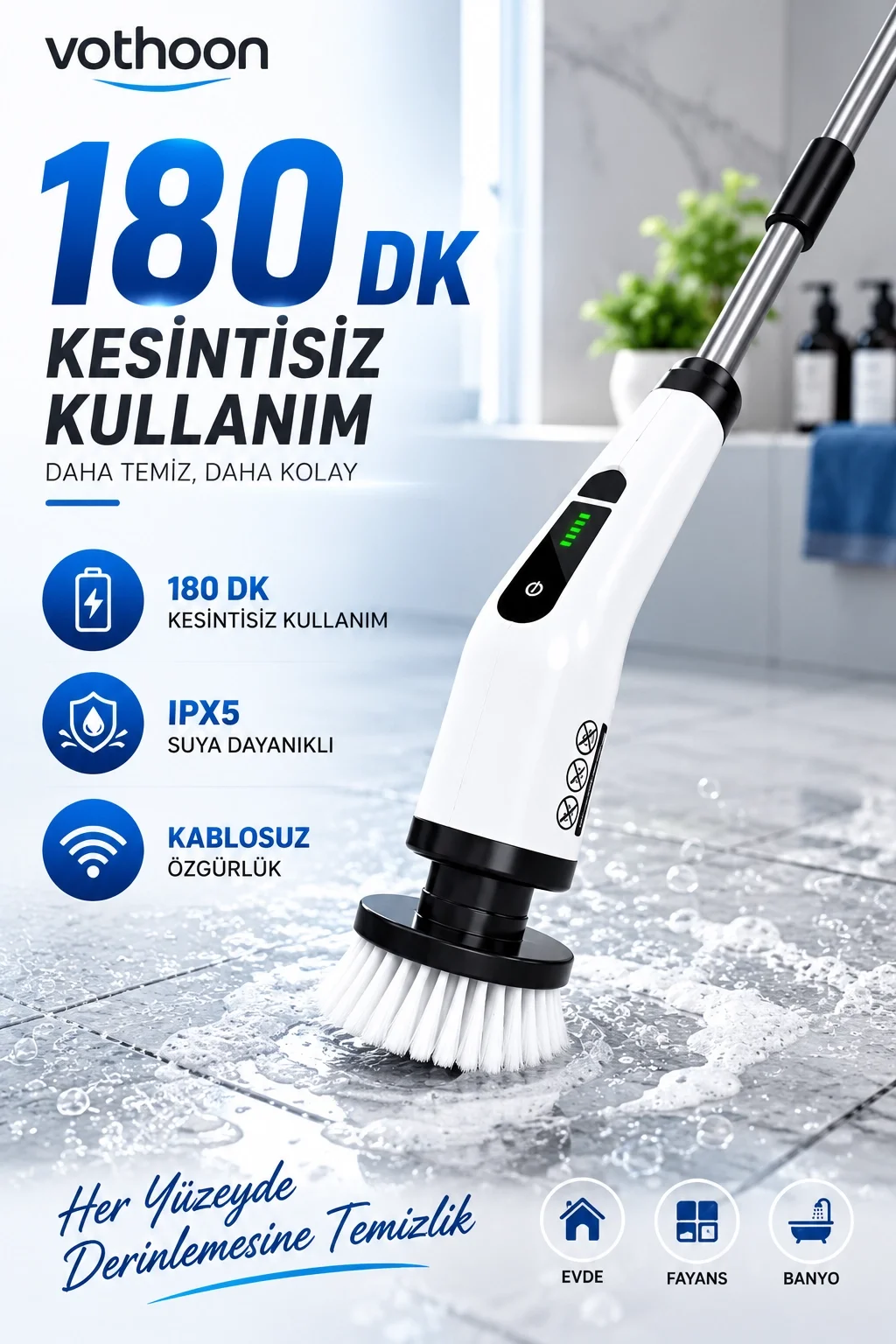 Turbo Clean Elektrikli Temizlik Fırçası 7 Başlıklı Kablosuz Şarjlı Döner Fırça görsel 2