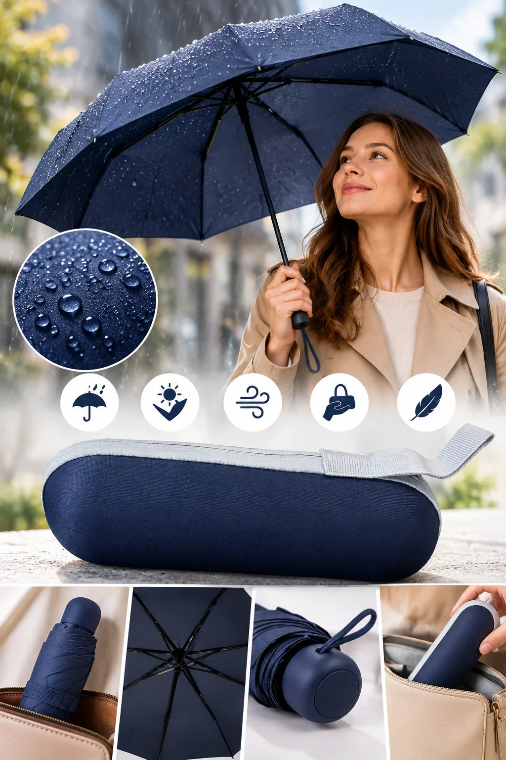 Pratik Taşınabilir Lacivert Kapsül Şemsiye Su İtici Kumaş Ergonomik Kullanım görsel 2