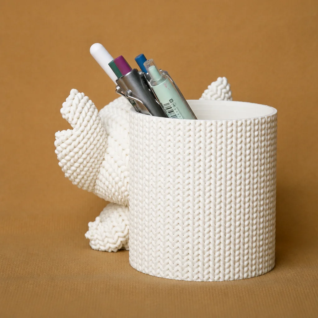3D Baskı Knitted Kalemlik - Sevimli Karakterli Masaüstü Kalem Organizeri-Beyaz görsel 2