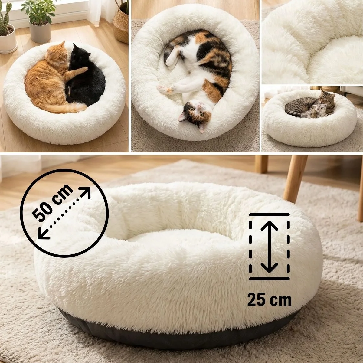 Yuvarlak Ultra Yumuşak Welsoft Peluş Kedi ve Köpek Yatağı – Kaymaz Taban Tüylü Pet Pufu,Uyku nderi (krem) görsel 5