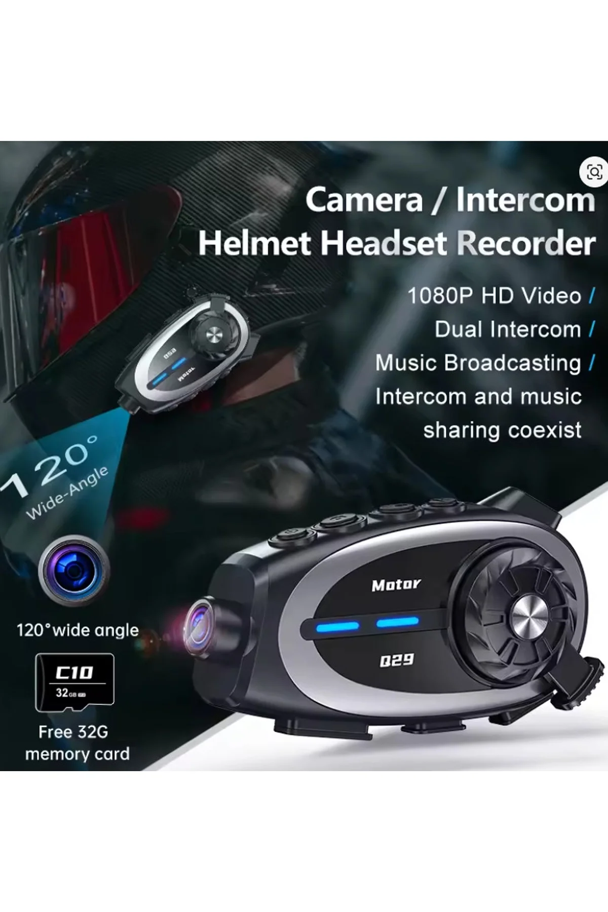 Q29 Motosiklet Kask Bluetooth Kulaklık Eşleşmeli 1080P Kamera Geniş açı Su Geçirmez Intercom görsel 3