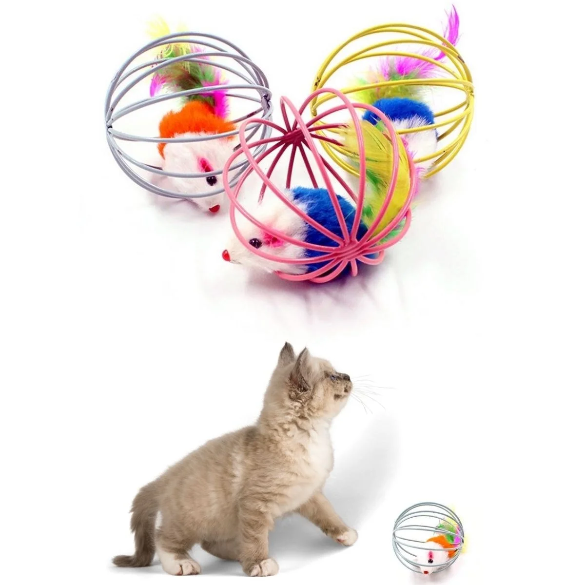 Renkli Metal Kafesli Peluş Fareli Kedi Köpek Oyuncağı Oyun Topu 6 cm görsel 5