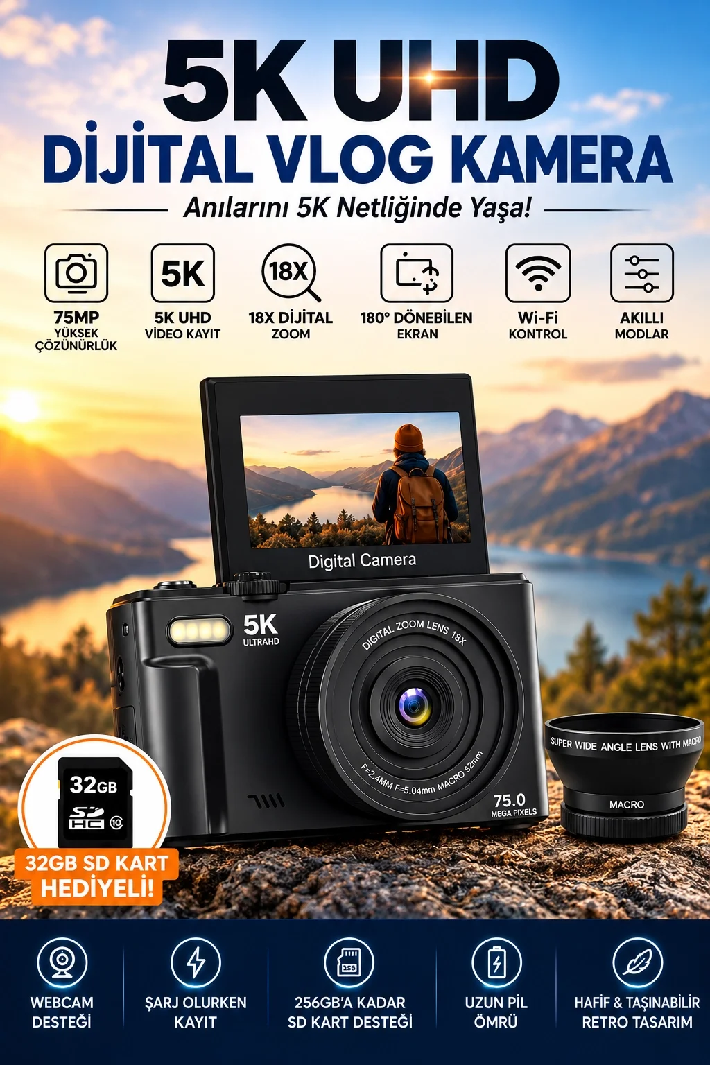 5K 75MP 18X Zoom Flaşlı 3” Flip Ekranlı Türkçe 32GB Kart Dijital Vlog Fotoğraf Makinesi Lens Hediyeli