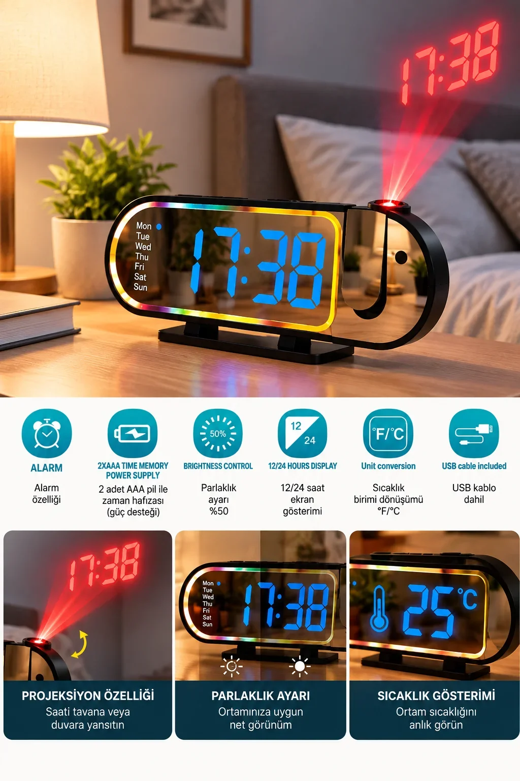 LED Dijital Masa Saati Şık Tasarım Alarm Özelliği Parlaklık Ayarı Sıcaklık ve 12 24 Saat Gösterimi