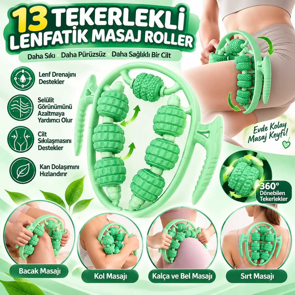 13 Tekerlekli Circular Lenfatik Masaj Roller – Selülit Giderici, Cilt Sıkılaştırıcı, Bacak Kol Sırt Masaj Aleti