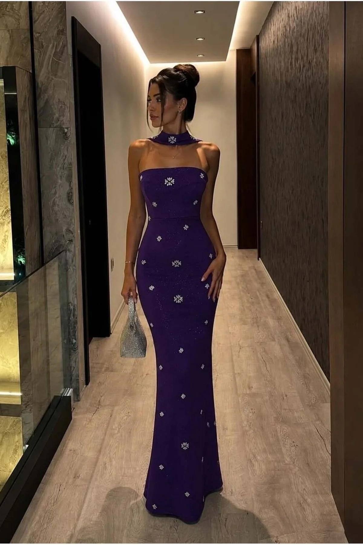 Kadın Trend Simli Kumaş Dik Yaka Taş Detaylı Abiye Elbise