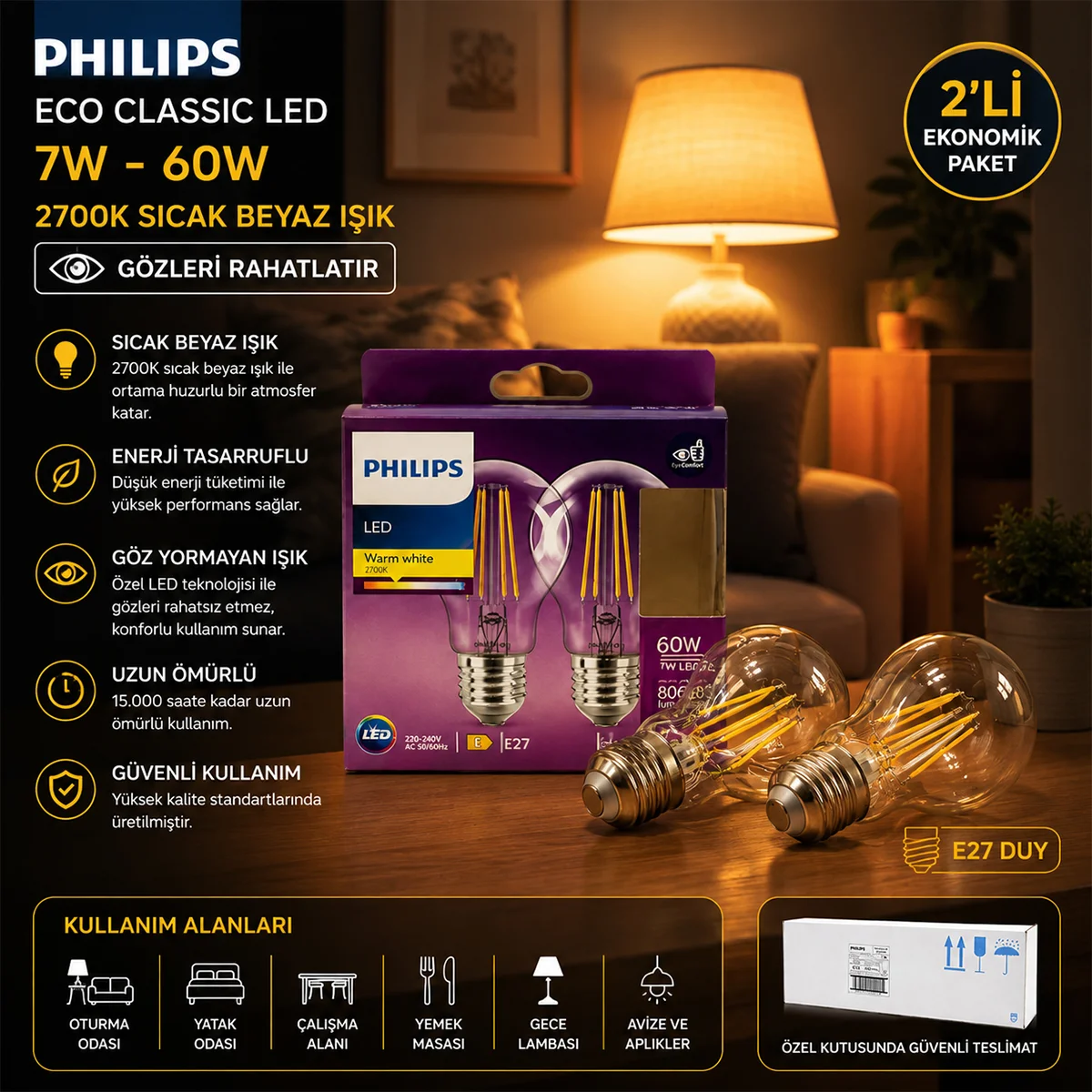 LED Filament Rustik Ampul E27 7W 806 Lumen Cam Gövde görsel 3