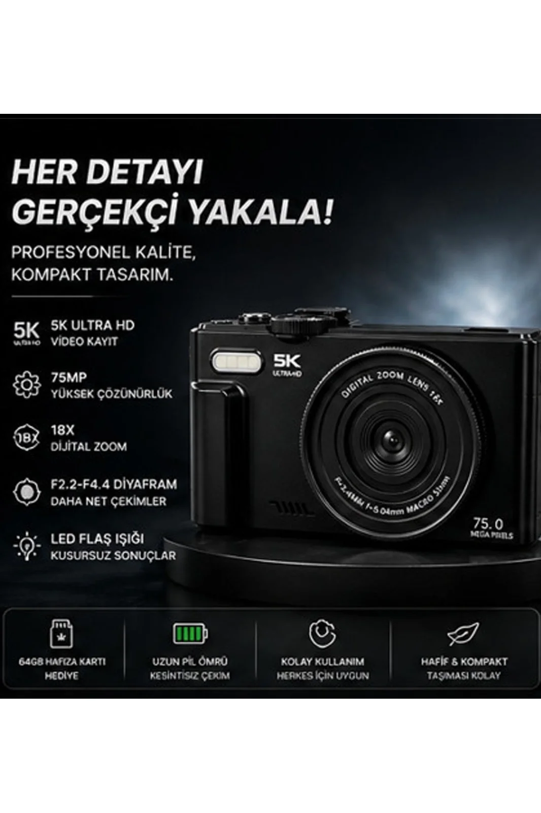 5K 75MP HD Dijital Kamera 18X Dijital Zoom, Flaşlı,3.0 inç Ekranlı Fotoğraf Makinesi görsel 3