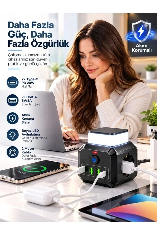 Akım Korumalı 3’lü Priz 2200W 1050J 10A Gece Lambalı 2 USB 2 Type-C Şarj Girişli Bsp-4 görsel 8