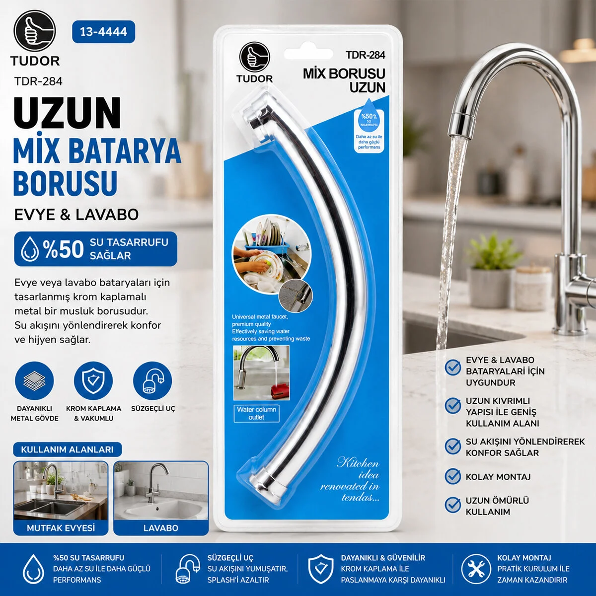 Kuğu Evye - Lavabo Uzun x Batarya Borusu Krom Kaplama - Vakumlu - Süzgeçli Uç