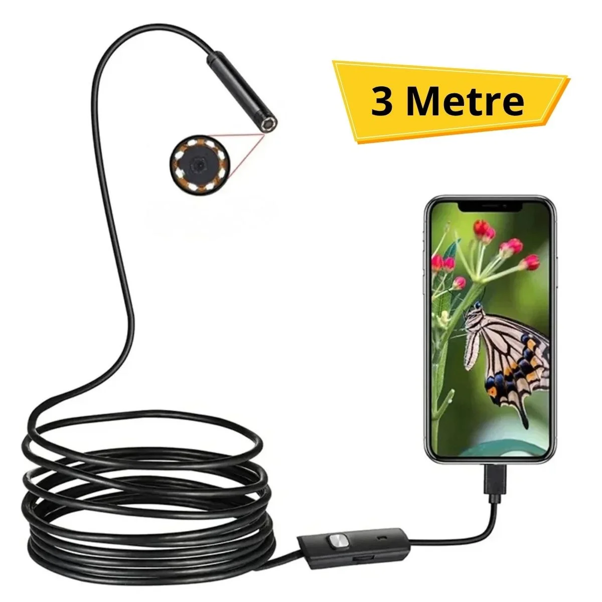 3 Metre Android Telefon Uyumlu 6 LED Işıklı Su Geçirmez Endoskop / Boroskop Yılan Kamera HD