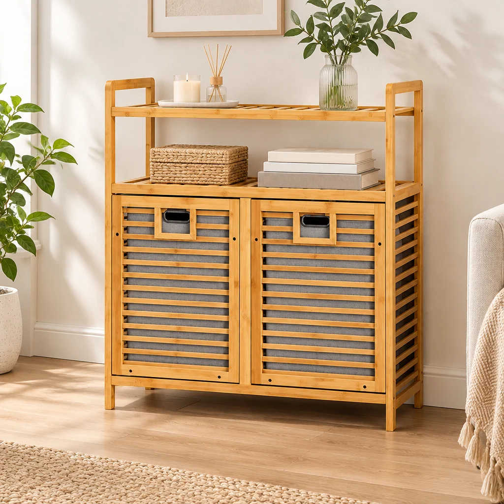 Bambu Kirli Çamaşır Sepeti 2 Bölmeli 2 Kat Organizer 80x33x87 cm