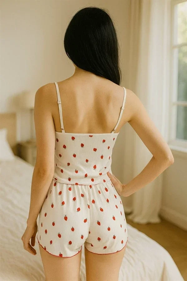 Beyaz Üstüne Çilek Desenli Askılı Şortlu Pijama Takımı görseli