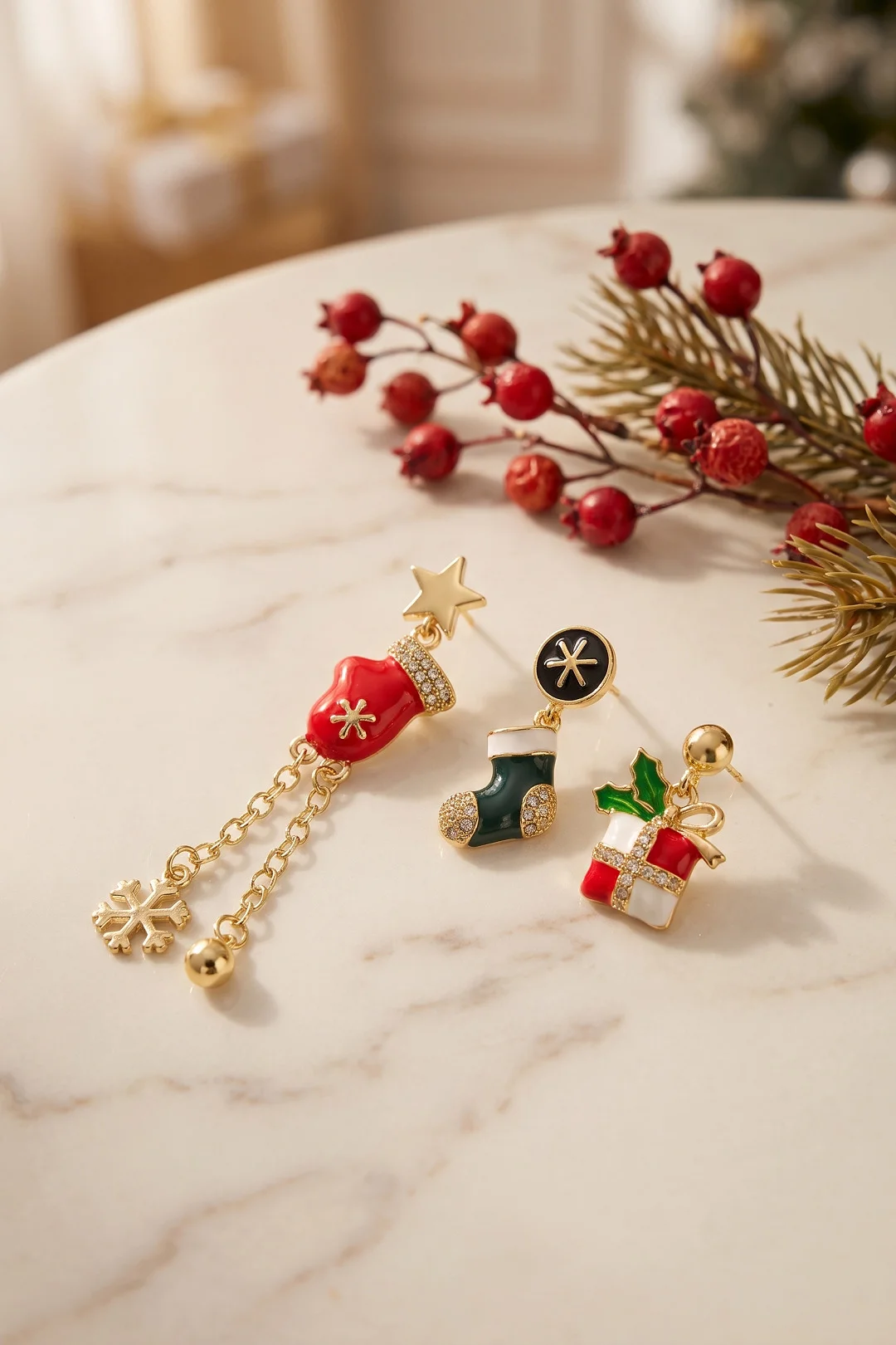 Gold Noel Baba Şapkalı Zirkon Taşlı Zincirli Yılbaşı Küpe