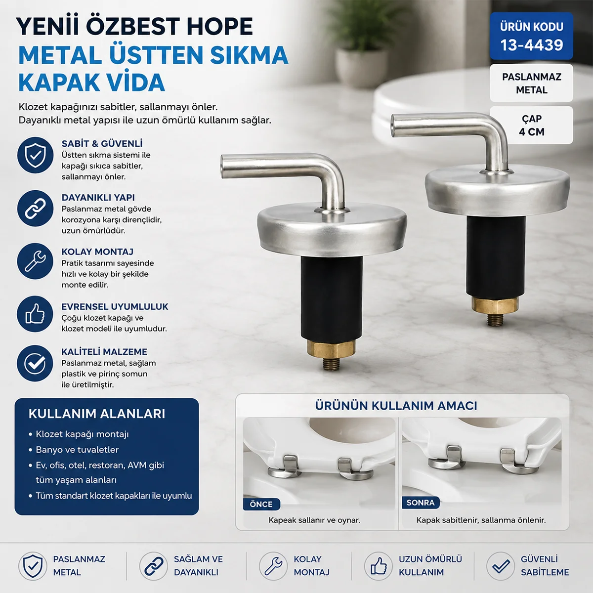 Üstten Sıkmalı Metal Klozet Kapak Menteşe Vidası görsel 2