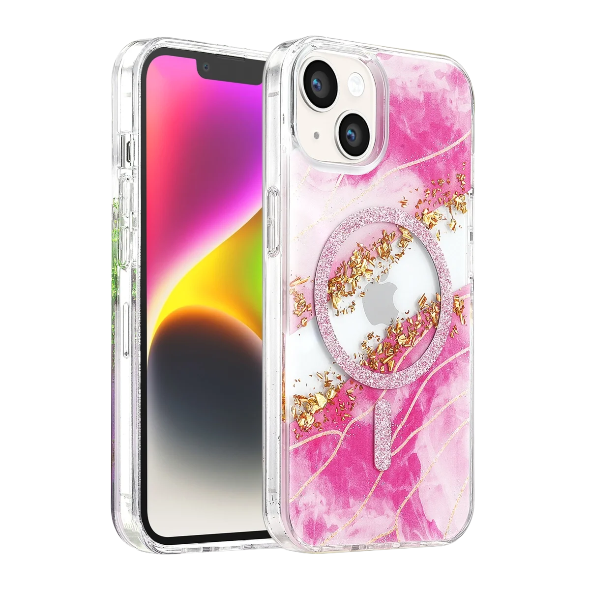 Onegif Apple İphone 15 Lotus Simli Magsafe Kapak - Pembe