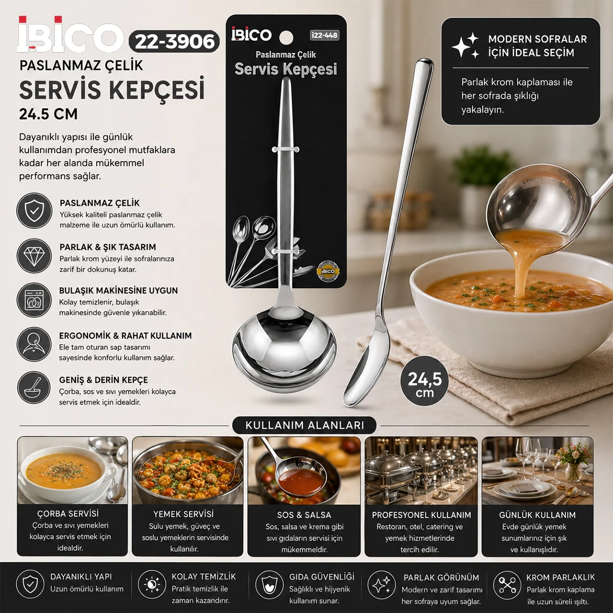Krom Metal Servis Kepçe 24.5 cm görsel 2
