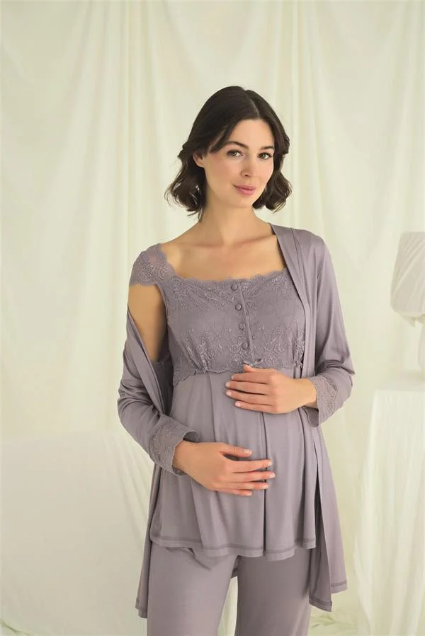 Dantelli Önü Düğmeli Hamile Lohusa 3'lü Pijama Takımı görseli