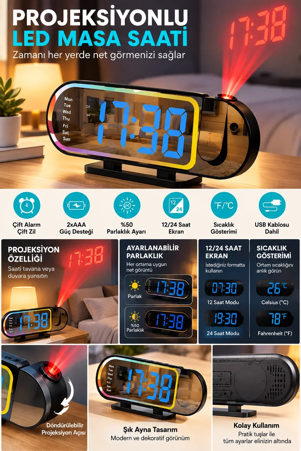 Şık Tasarımlı LED Masa Saati Dijital Ekran Alarm 12 24 Saat ve Sıcaklık Göstergeli görsel 3