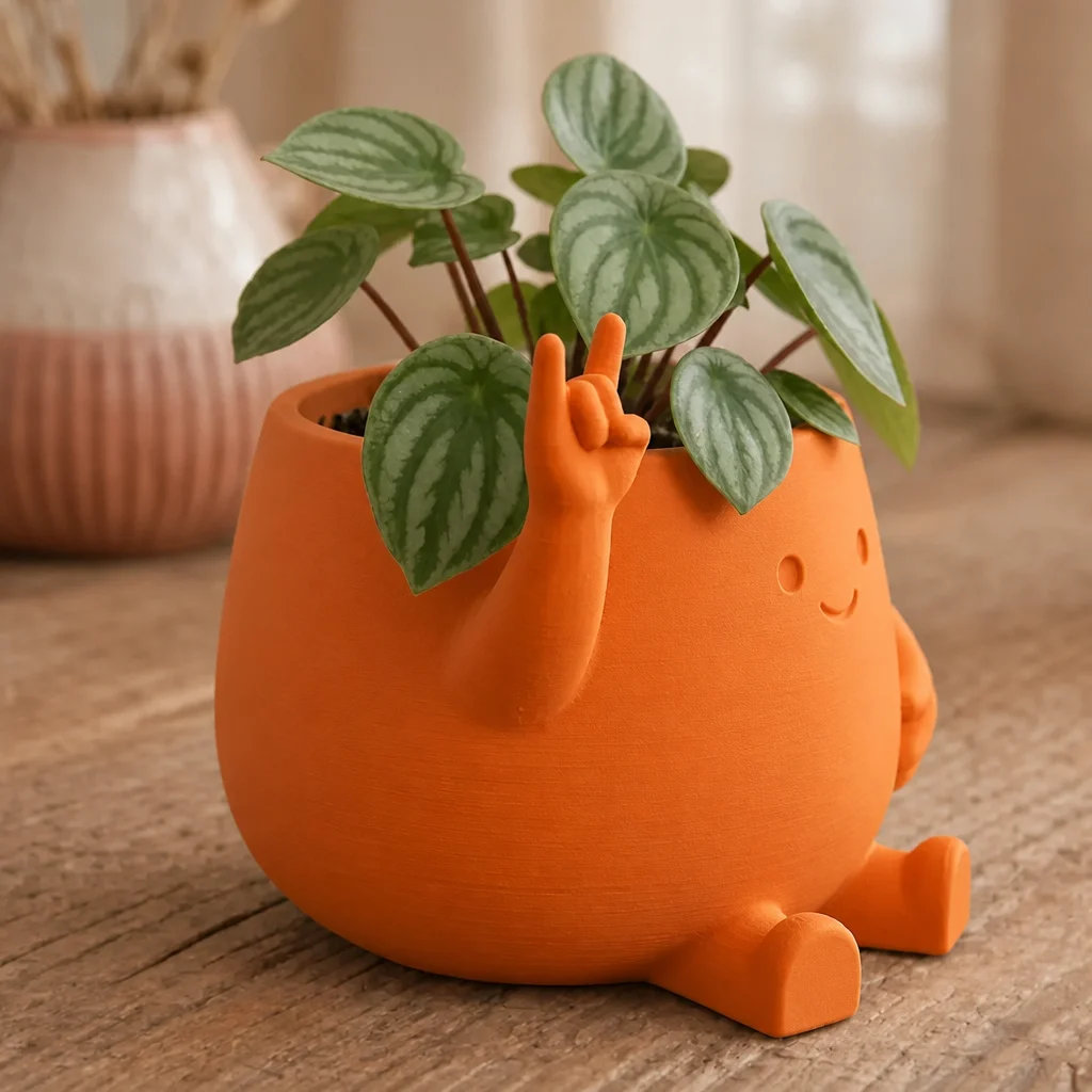 3D Baskı Smiley Face Planter - Gülümseyen Karakterli Saksı-Turuncu görsel 2