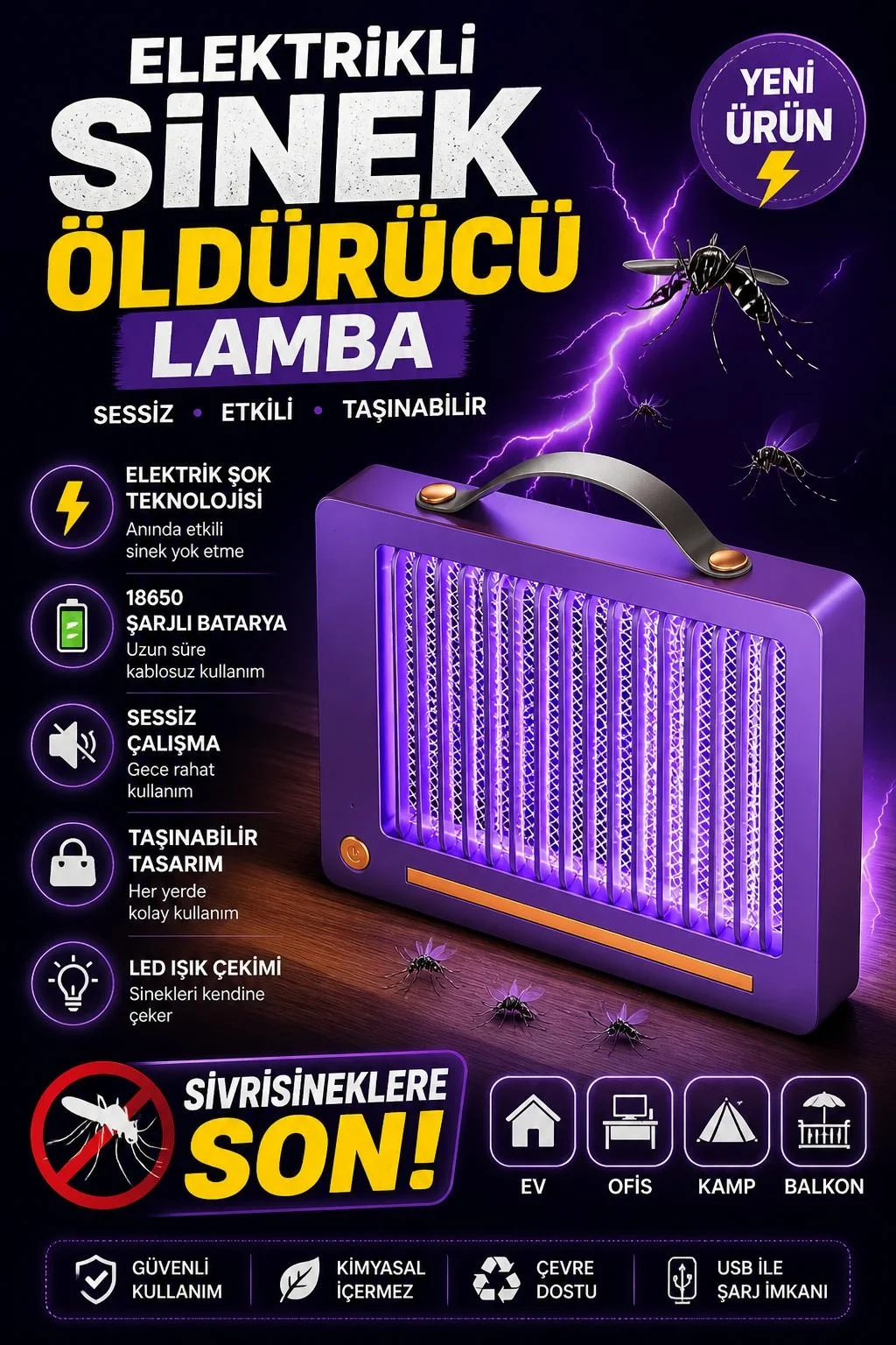 Elektrikli Sinek Öldürücü Lamba | Şarjlı, Sessiz, LED Işıklı Etkili Koruma