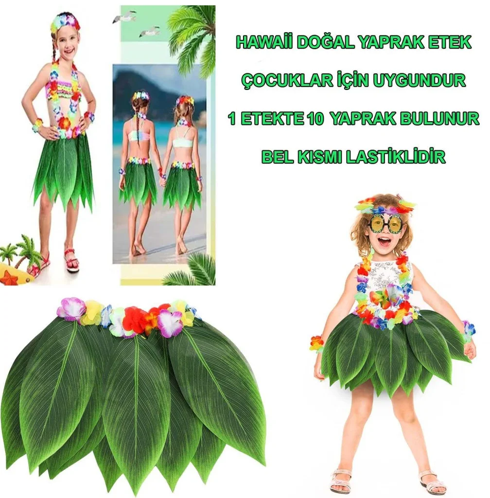 Tropikal Esintili Hawaii Yapraklı Parti Eteği Çocuk Boy görsel 2