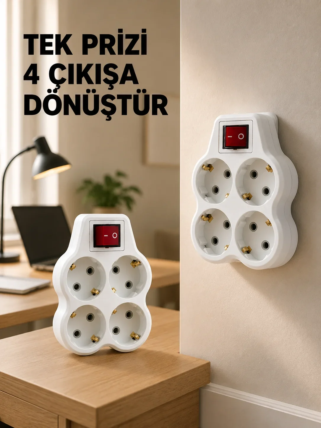 Anahtarlı 4’lü Priz Adaptörü Direkt Duvar Prizine Takılan Priz Çoklayıcı 2’li Set