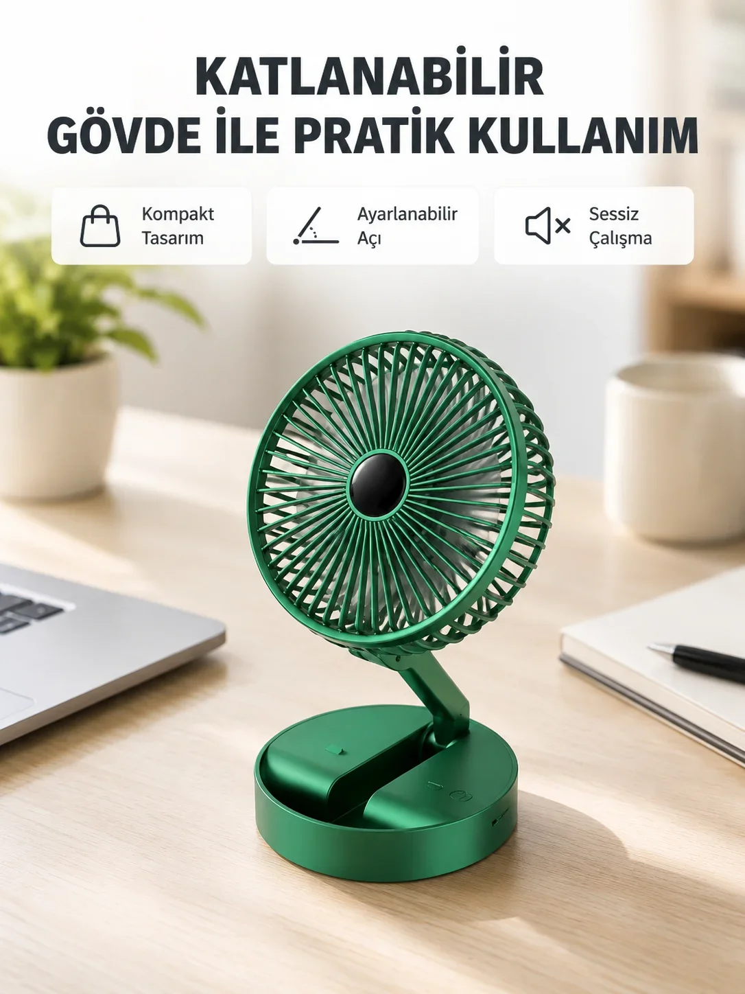 Şarjlı Katlanabilir ni Fan – 3 Kademe Hız Ayarı, Taşınabilir Tasarım