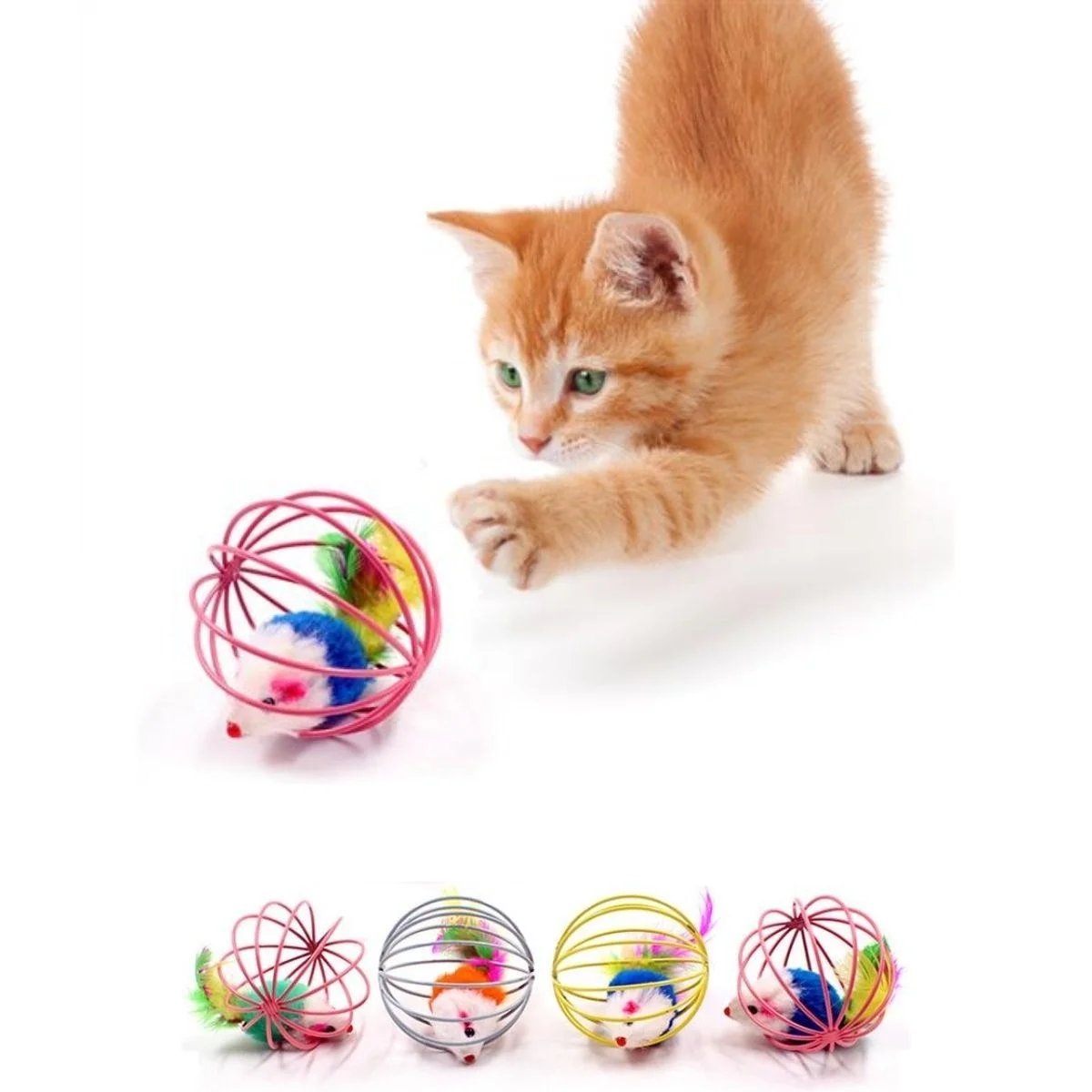 Renkli Metal Kafesli Peluş Fareli Kedi Köpek Oyuncağı Oyun Topu 6 cm görsel 4