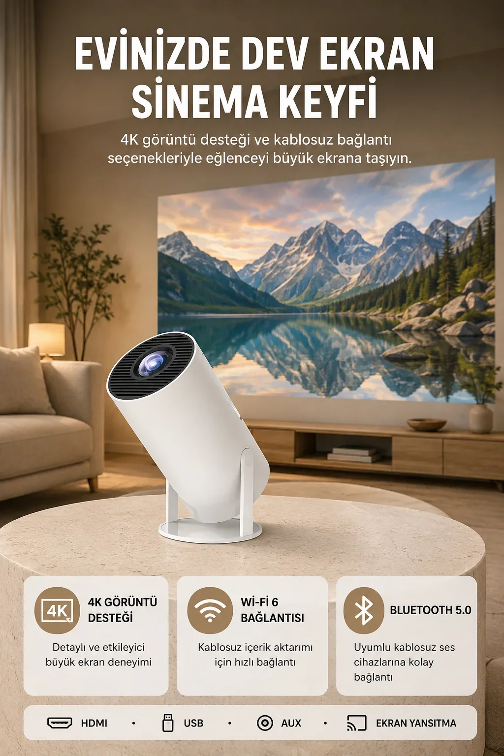 Kablosuz Projeksiyon Cihazı 4K Destekli HD USB Oyun Uyumlu